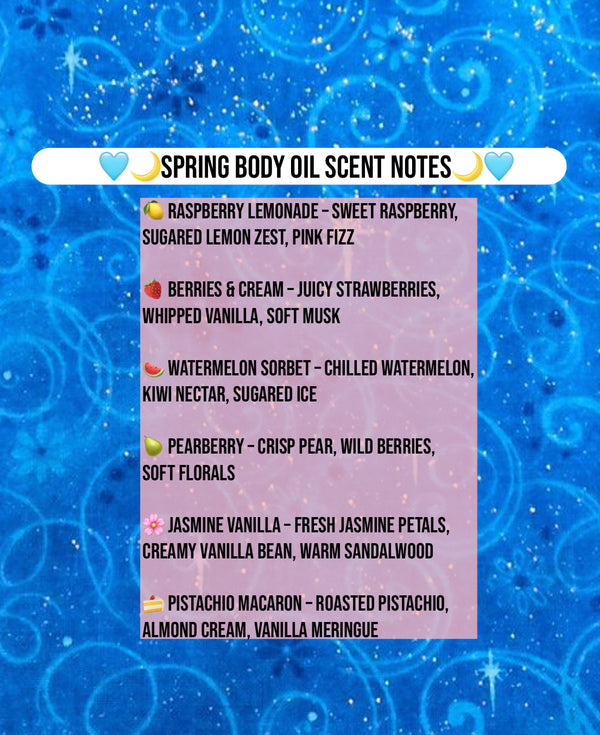 TheBeautyPackage Spring Body Oils - Watermelon Sorbet, Berries & Cream, Pistachio Macaron, Raspberry Lemonade, Jasmine Vanilla - Handmade Skincare Collection Silky Fragrance Scented 50G