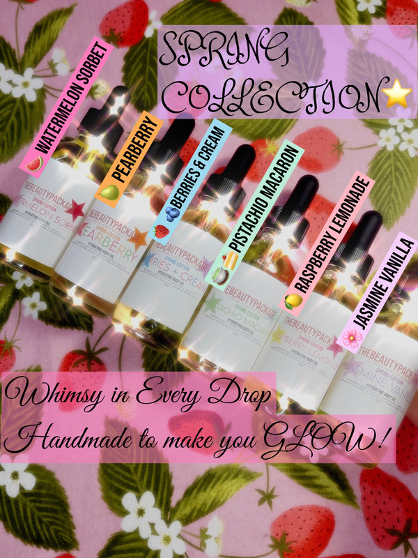 TheBeautyPackage Spring Body Oils - Watermelon Sorbet, Berries & Cream, Pistachio Macaron, Raspberry Lemonade, Jasmine Vanilla - Handmade Skincare Collection Silky Fragrance Scented 50G